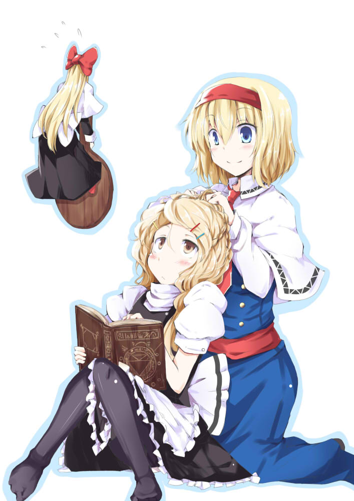 2girls, alice_margatroid, black_dress, black_legwear, blonde_hair, blue_dress, blue_eyes, book