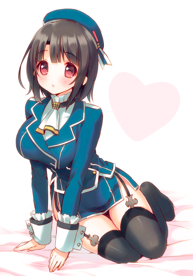 1girl, black_hair, black_legwear, blush, breasts, garter_straps, hat, kantai_collection