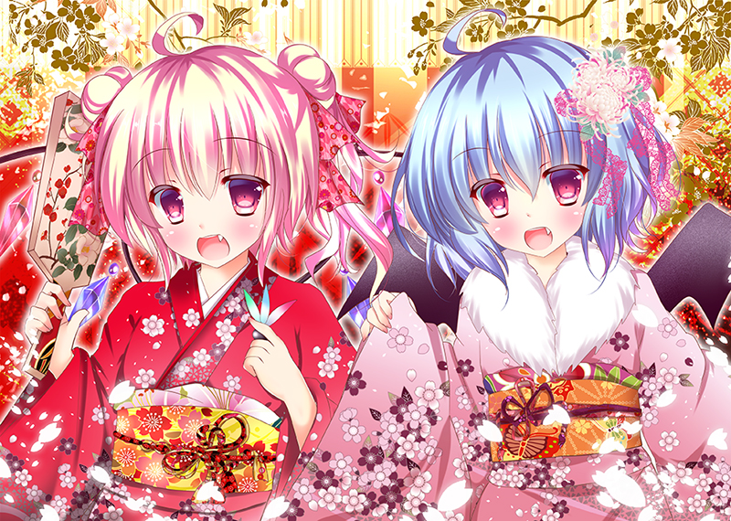2girls, ahoge, bat_wings, blonde_hair, blue_hair, fang, flandre_scarlet, flower