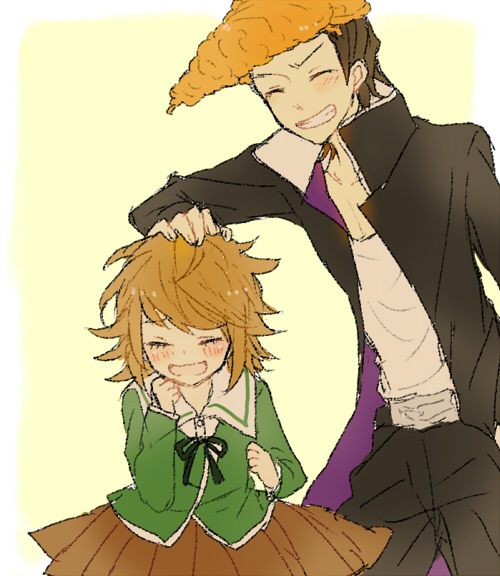 2boys, blush, brown_hair, dangan_ronpa, fujisaki_chihiro, grin, long_hair, multiple_boys