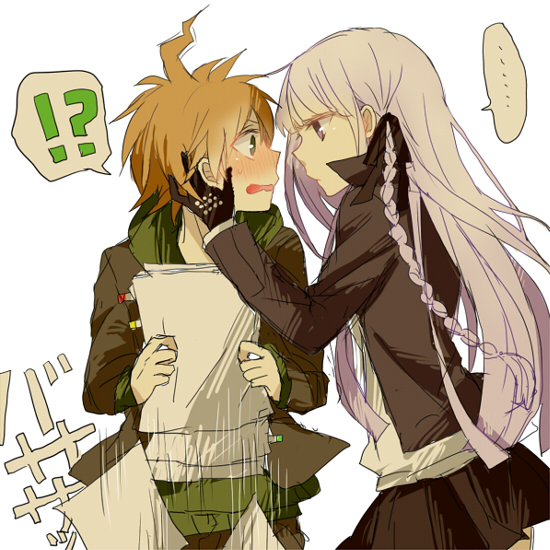 !?, 1boy, 1girl, blush, brown_hair, dangan_ronpa, gloves, green_eyes