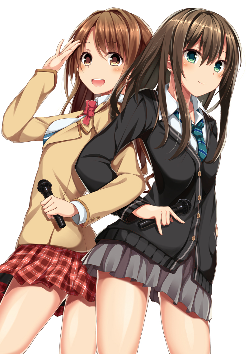 2girls, brown_eyes, brown_hair, butakata, cardigan, green_eyes, idolmaster, idolmaster_cinderella_girls