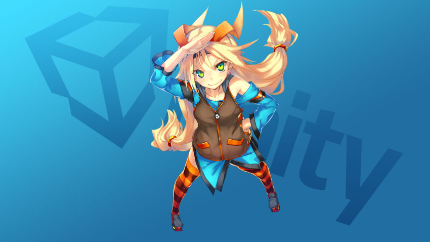 1girl, blonde_hair, detached_sleeves, green_eyes, hairband, hoodie, long_hair, low-tied_long_hair