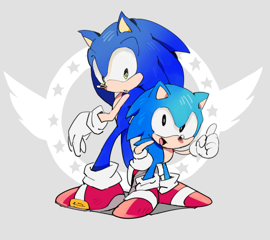 2boys, :d, chiro_(pez777), dual_persona, gloves, green_eyes, hand_on_hip, looking_at_another