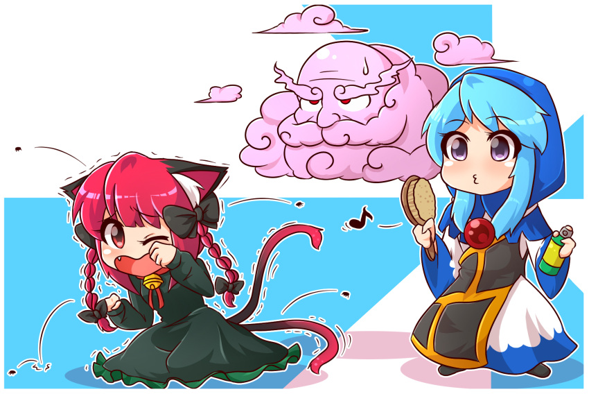 1boy, 2girls, animal_ears, bell, bell_collar, brush, cat_ears, cat_tail