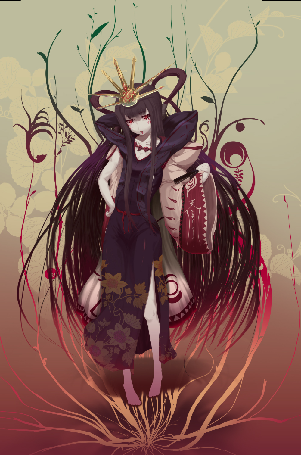 ameto, black_hair, face_paint, facepaint, fan, hair_ornament, highres, himiko_(beatmania), long_hair, mafu, red_eyes, solo, very_long_hair