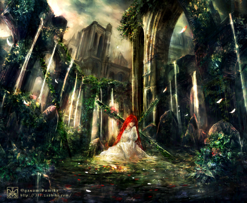 1girl, building, dress, long_hair, miyina, original, petals, redhead