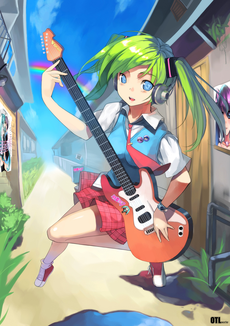 badge, blue_eyes, button_badge, cameo, green_hair, guitar, hatsune_miku, headphones
