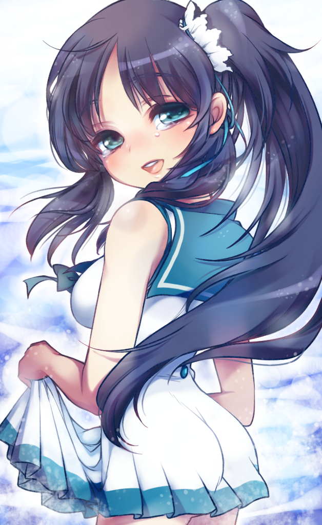 1girl, blue_eyes, blue_hair, dress, dress_lift, hiradaira_chisaki, long_hair, nagi_no_asukara, ro_(igris-geo), sailor_dress, side_ponytail, tears