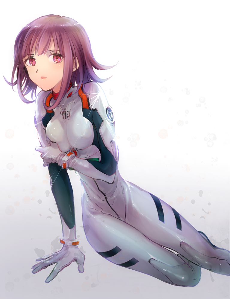 1girl, arm_support, ayanami_rei, ayanami_rei_(cosplay), bodysuit, boots, breast_press, brown_hair