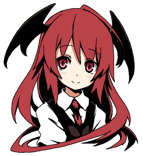 1girl, blush, bust, deku_(dekunosu), head_wings, koakuma, long_hair, necktie, red_eyes, redhead, simple_background, smile, solo, touhou, white_background