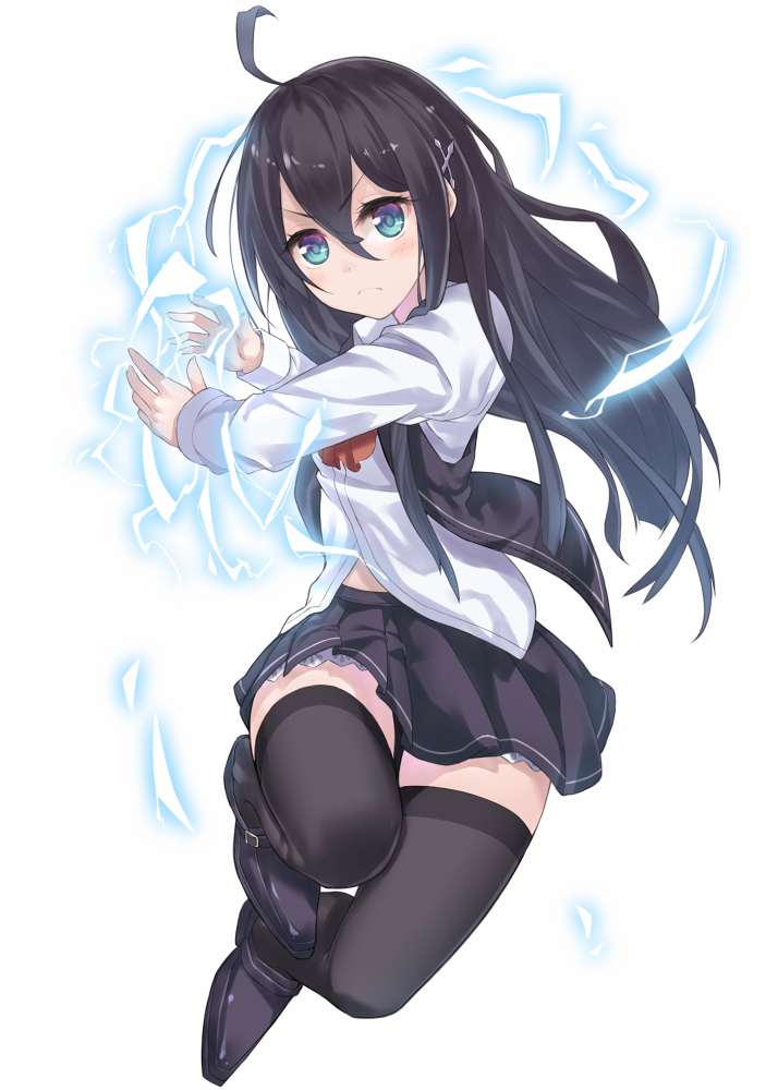 1girl, black_hair, black_legwear, blue_eyes, blush, electricity, hair_ornament, hairclip
