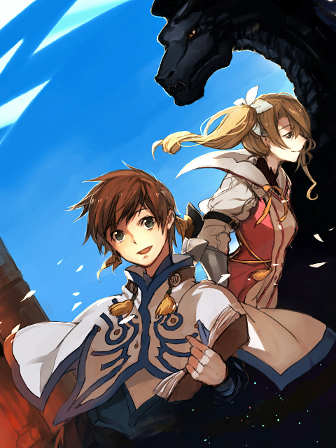 1boy, 1girl, alicia_(tales), book, brown_hair, capelet, dragon, earrings