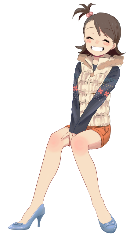 1girl, azucham, brown_hair, futami_ami, grin, high_heels, idolmaster, side_ponytail