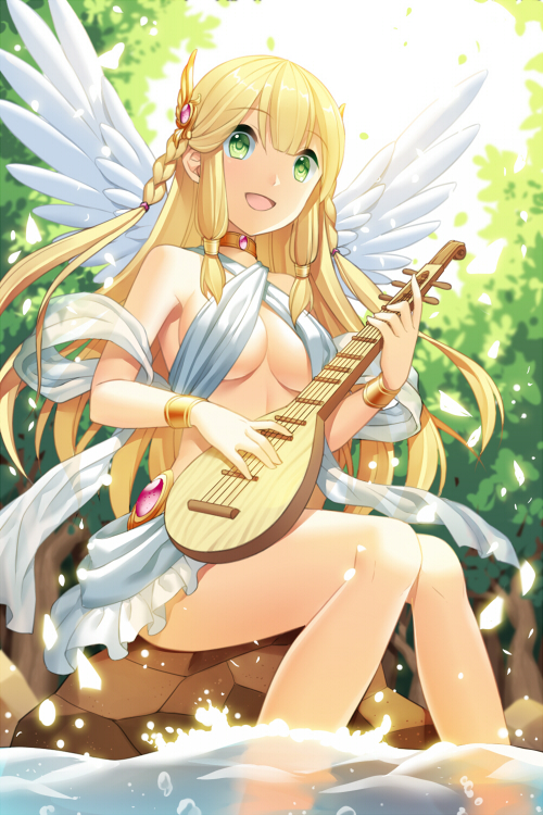 1girl, blonde_hair, bracelet, braid, breasts, choker, green_eyes, hair_ornament