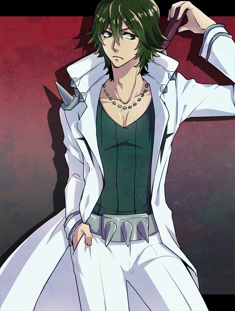 coat, green_eyes, green_hair, hands_in_pockets, jewelry, kill_la_kill, necklace, sanageyama_uzu