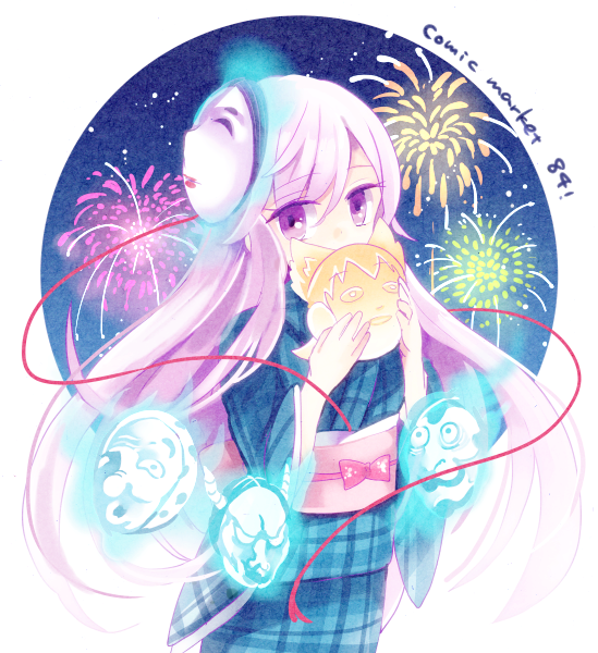 1girl, adapted_costume, azuma_aya, fireworks, hata_no_kokoro, japanese_clothes, kimono, new_mask_of_hope