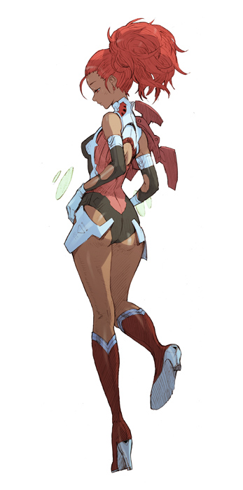 1girl, ahoge, ass, back_cutout, boots, dark_skin, detached_sleeves, downcast_eyes, earrings, faulds, from_behind, gloves, high_heel_boots, high_ponytail, jewelry, kilart, knee_boots, leotard, red_eyes, redhead, small_breasts, solo