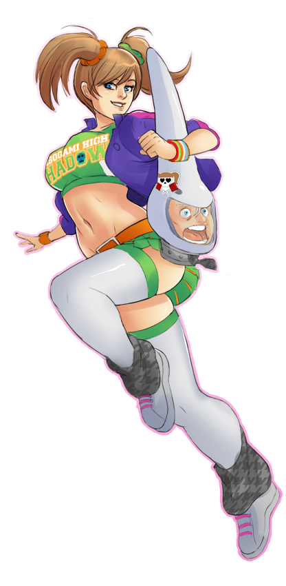 1girl, belt, blue_eyes, breasts, brown_hair, cheerleader, fusion, g138