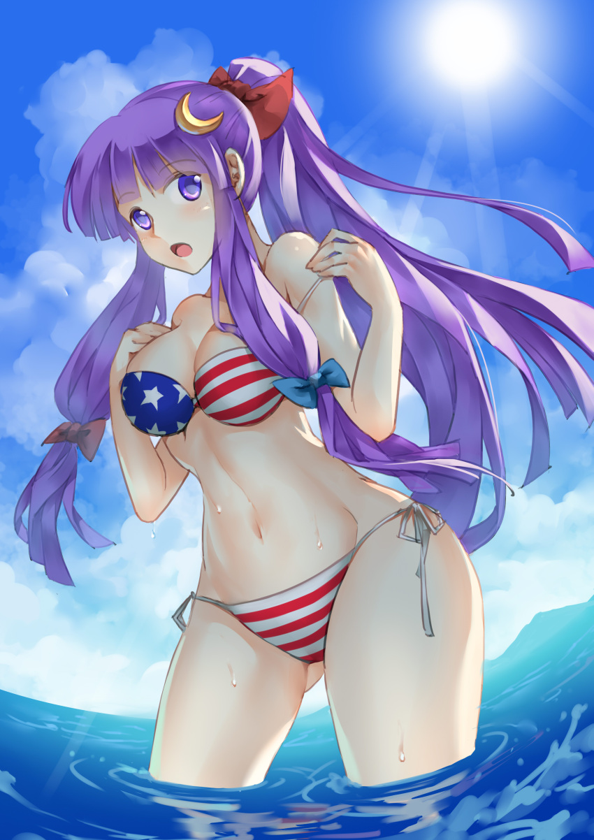 1girl, absurdres, alternate_costume, alternate_hairstyle, american_flag_bikini, bikini, bikini_pull, blush, breasts, cleavage, crescent, feet_in_water, flag_print, hair_ornament, hair_ribbon, highres, long_hair, open_mouth, patchouli_knowledge, ponytail, purple_hair, ribbon, side-tie_bikini, sky, soaking_feet, solo, sun, swimsuit, touhou, violet_eyes, vycma, water