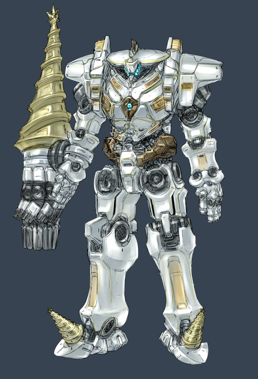 absurdres, drill, grey_background, hayama_yuujirou, highres, huge_weapon, mecha, no_humans