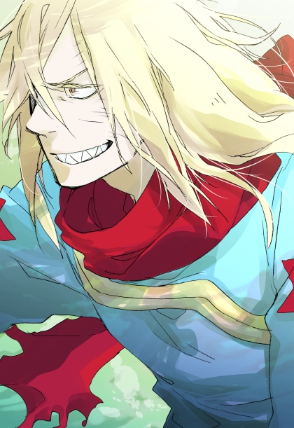 1boy, blonde_hair, ellipse, grin, long_hair, male, scarf, sharp_teeth, smile, solo, tengen_toppa_gurren_lagann, viral