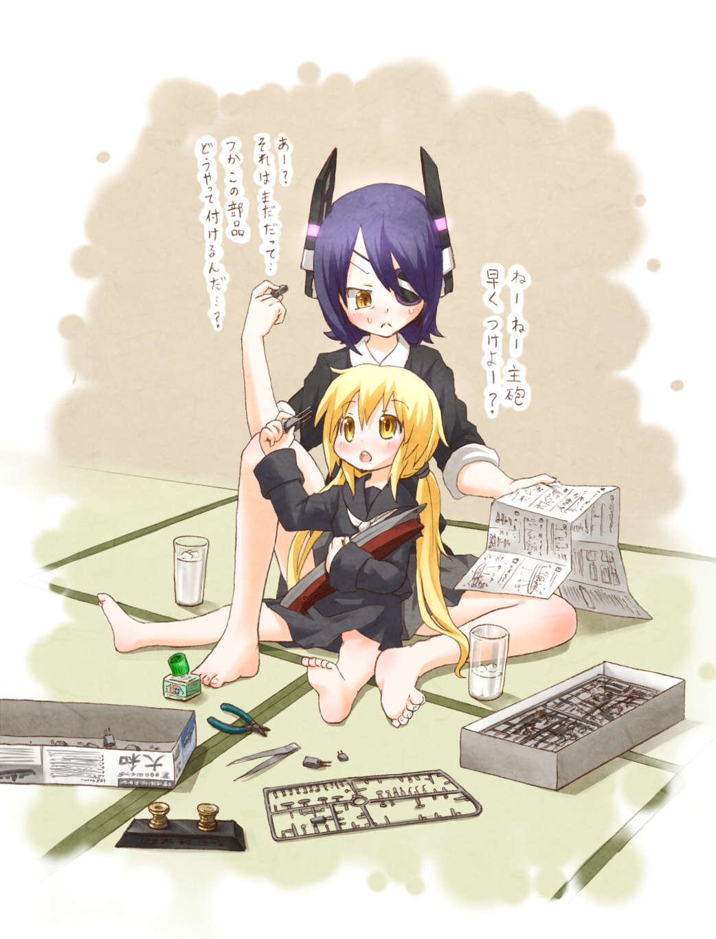 2girls, arinu, bare_legs, barefoot, between_legs, blonde_hair, blue_hair, blush