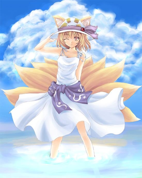 amber_eyes, blonde_hair, bow, dress, foxgirl, game, hat, kitsunemimi