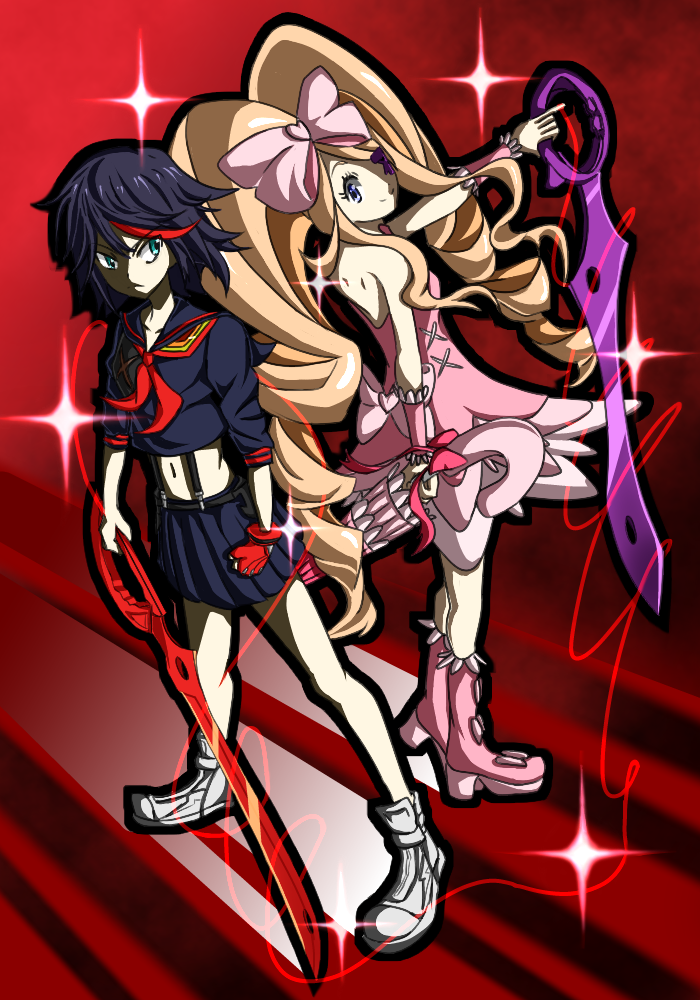 2girls, back-to-back, black_hair, blonde_hair, blue_eyes, boots, bow, closed_umbrella