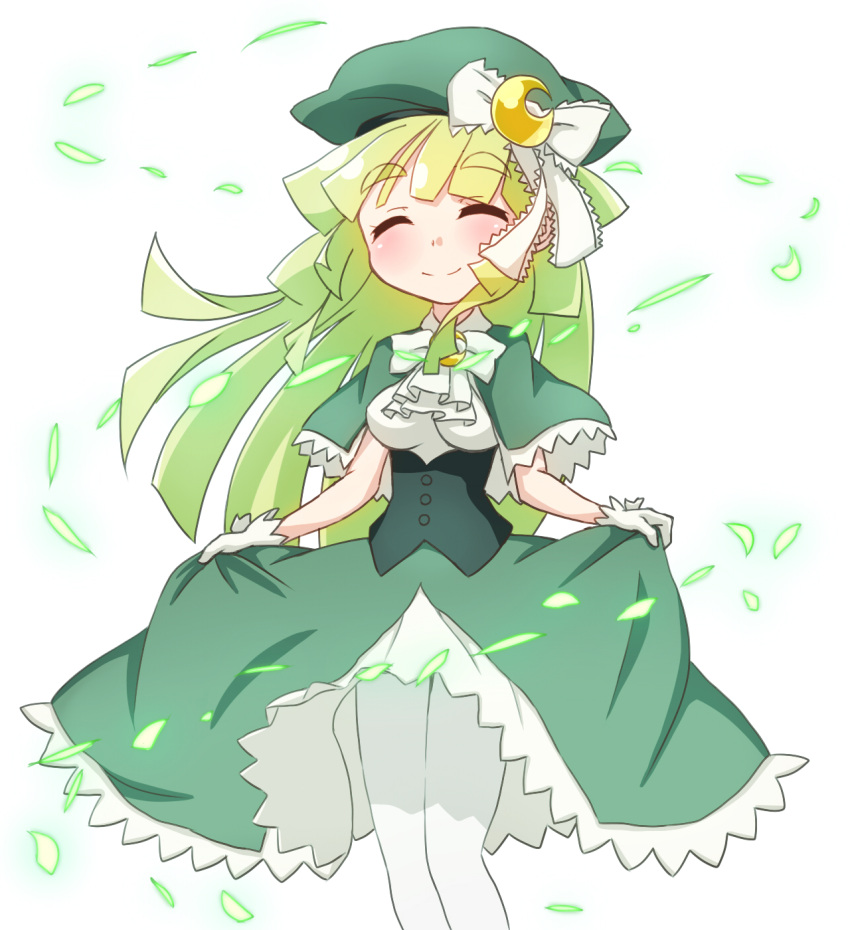 1girl, blush, closed_eyes, crescent, dress, eyebrows, gen'ei_wo_kakeru_taiyo, gloves