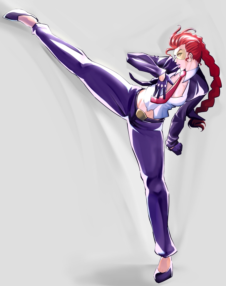 1girl, braid, crimson_viper, formal, gloves, high_kick, kicking, long_hair