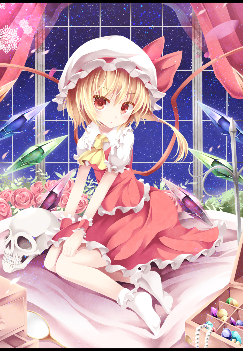 1girl, ascot, blonde_hair, blush, box, crystal, flandre_scarlet, flower