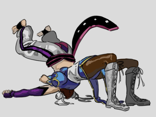 2girls, body_slam, chun-li, gg_(s2leona), hair_down, han_juri, multiple_girls, street_fighter
