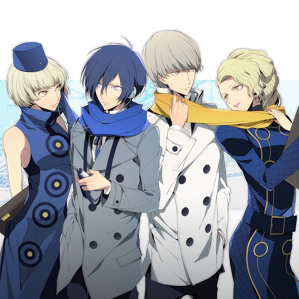 2boys, 2girls, arisato_minato, bare_shoulders, blonde_hair, blue_hair, digital_media_player, elizabeth_(persona)