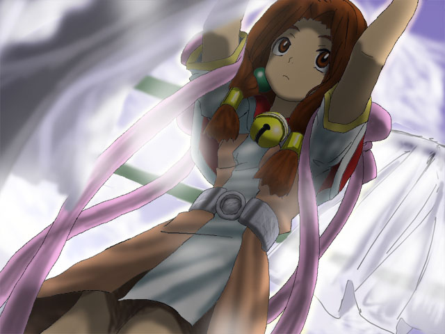 bangs, bell, belt, dress, iwatozaki, long_hair, orange_eyes, orange_hair, skirt, sodina_dawnfried, thousand_arms