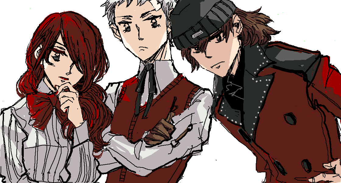 aragaki_shinjirou, brown_hair, coat, grey_hair, kirijou_mitsuru, persona, persona_3, redhead