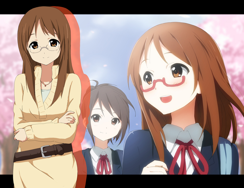2girls, belt, blush, brown_eyes, brown_hair, cherry_blossoms, crossed_arms, glasses