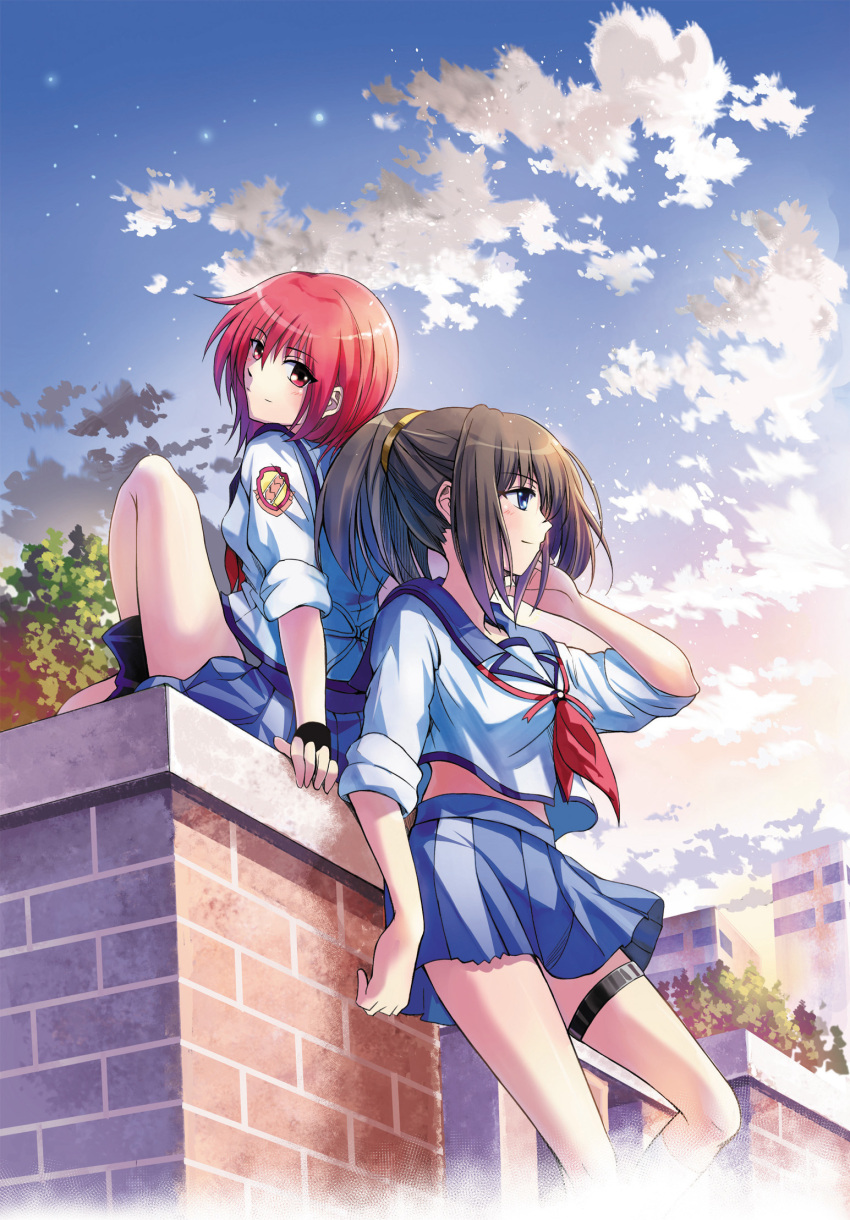 2girls, angel_beats!, back-to-back, blue_eyes, brown_hair, highres, hisako_(angel_beats!), iwasawa