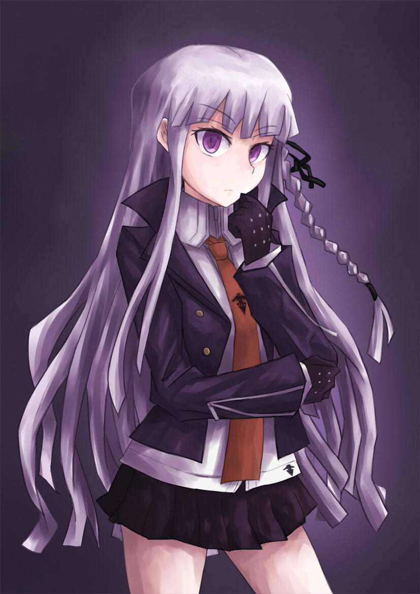 1girl, bare_legs, black_gloves, braid, chin_rest, dangan_ronpa, gloves, kirigiri_kyouko, long_hair, necktie, pleated_skirt, purple_hair, side_braid, single_braid, skirt, solo, vincent_(hiyakuen), violet_eyes