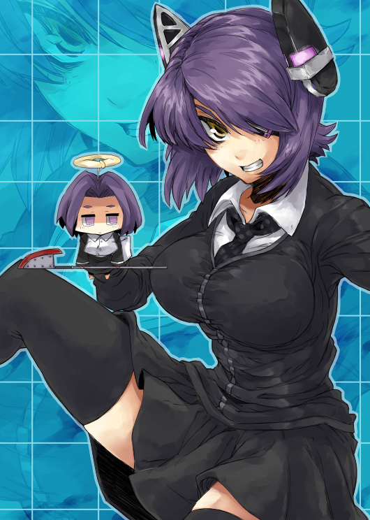 2girls, blue_background, breasts, brown_eyes, eyepatch, grid, grin, kantai_collection