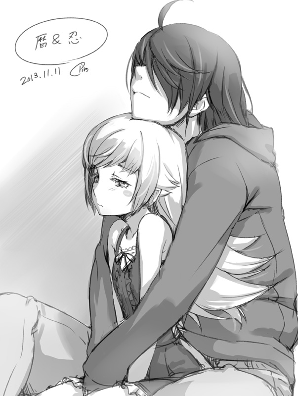 1boy, 1girl, araragi_koyomi, blush_stickers, dress, hair_over_eyes, head_on_head, hoodie