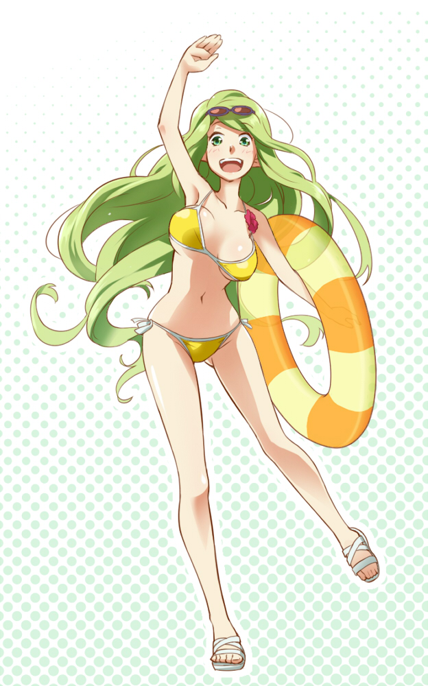 1girl, bikini, green_eyes, green_hair, innertube, kanami_yuu, log_horizon, long_hair
