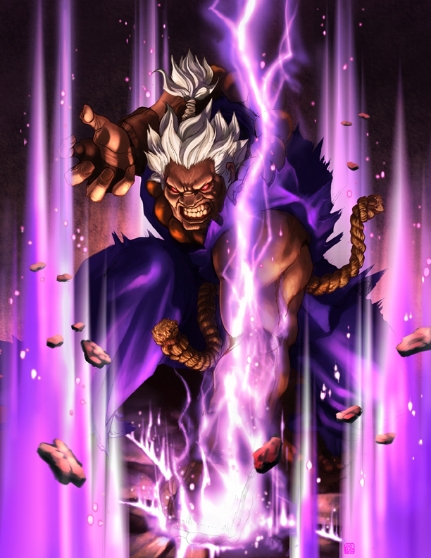 angry, beads, dark_skin, fingerless_gloves, gouki, kongou_kokuretsu_zan, lightning, male