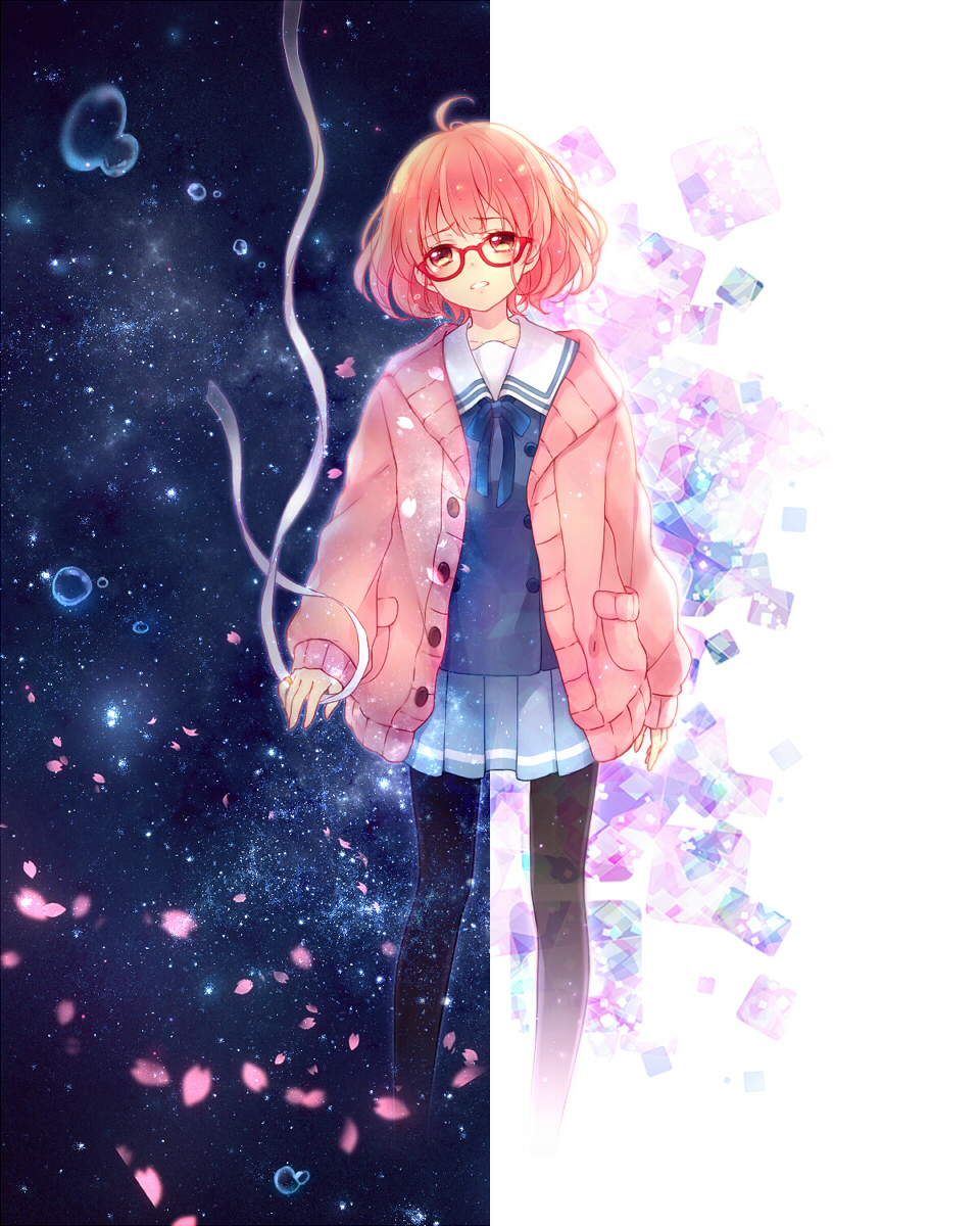 1girl, black_legwear, brown_hair, bubble, cardigan, cherry_blossoms, fading, glasses