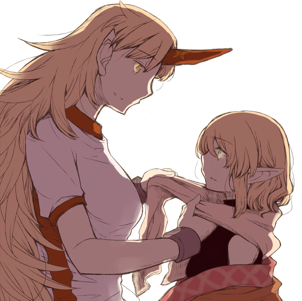 2girls, atoki, backlighting, blonde_hair, horn, hoshiguma_yuugi, long_hair, mizuhashi_parsee