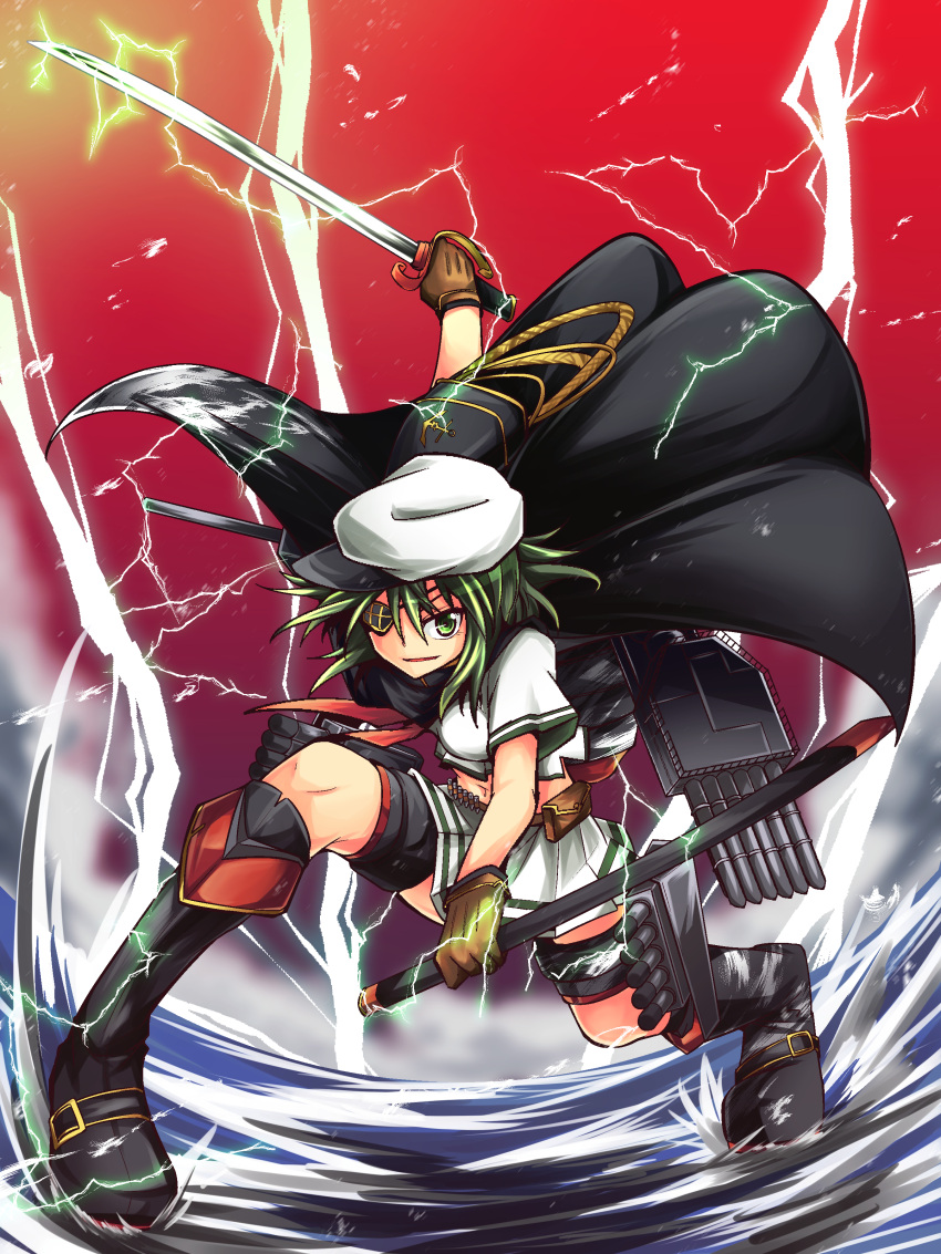 1girl, absurdres, black_hair, eyepatch, green_eyes, green_hair, hat, highres, kantai_collection, kiso_(kantai_collection), lightning, miracle_hinacle, multiple_girls, open_mouth, personification, school_uniform, serafuku, short_hair, solo, sword, weapon