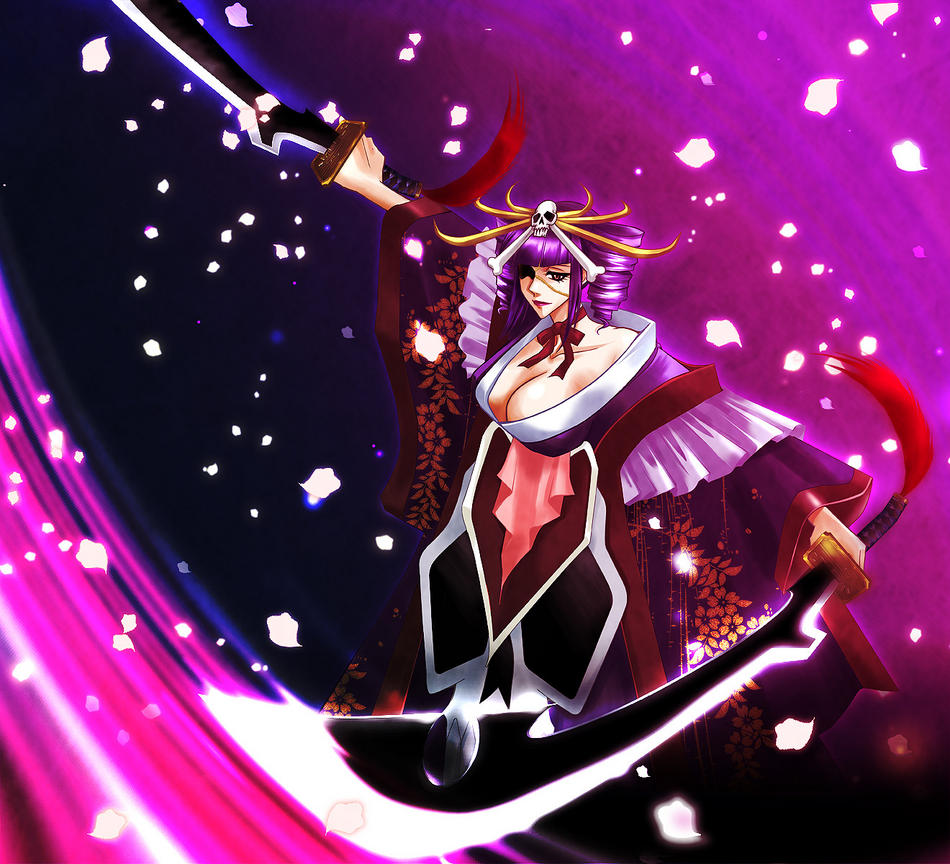 bleach, cleavage, japanese_clothes, katen_kyokotsu, smile, sword, weapon