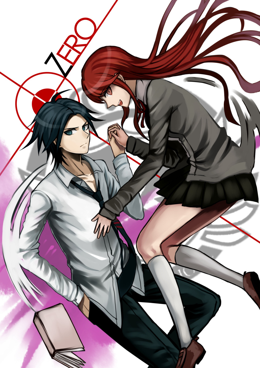 1boy, 1girl, absurdres, ahoge, aokiku, black_hair, dangan_ronpa, dangan_ronpa/zero