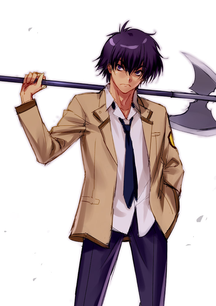 1boy, angel_beats!, battle_axe, blue_eyes, halberd, noda_(angel_beats!), polearm, purple_hair