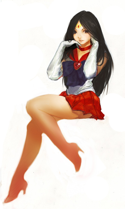 1girl, bishoujo_senshi_sailor_moon, black_hair, choker, diana_jakobsson, elbow_gloves, forehead_jewel, gloves